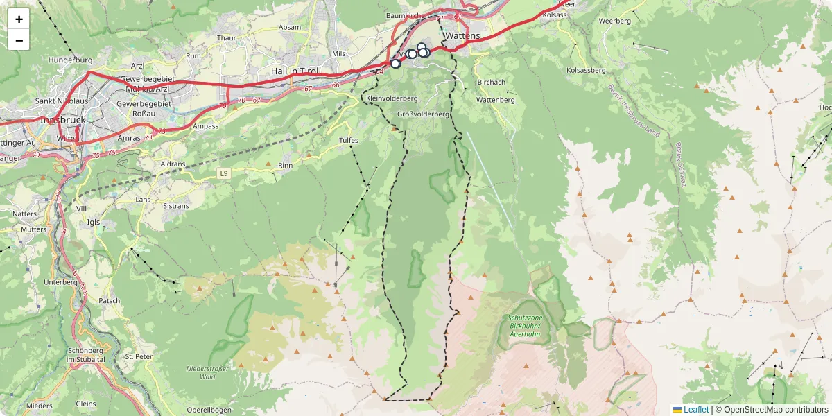Nahverkehrsnetz in volders, Österreich - Buslinien, Haltestellen und Verbindungen auf der Karte