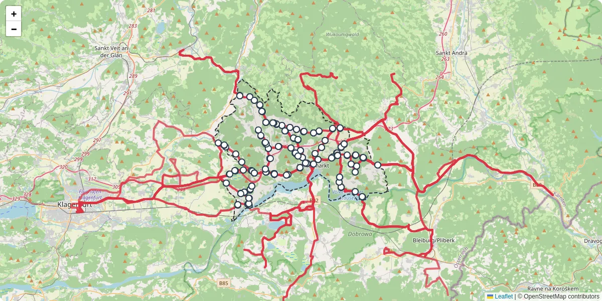 Nahverkehrsnetz in volkermarkt, Österreich - Buslinien, Haltestellen und Verbindungen auf der Karte
