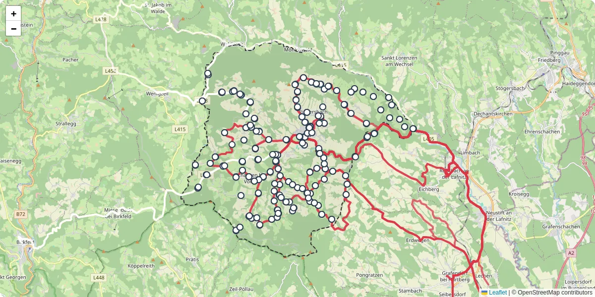 Nahverkehrsnetz in vorau, Österreich - Buslinien, Haltestellen und Verbindungen auf der Karte