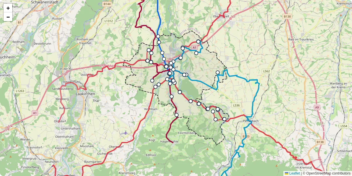 Nahverkehrsnetz in vorchdorf, Österreich - Buslinien, Haltestellen und Verbindungen auf der Karte
