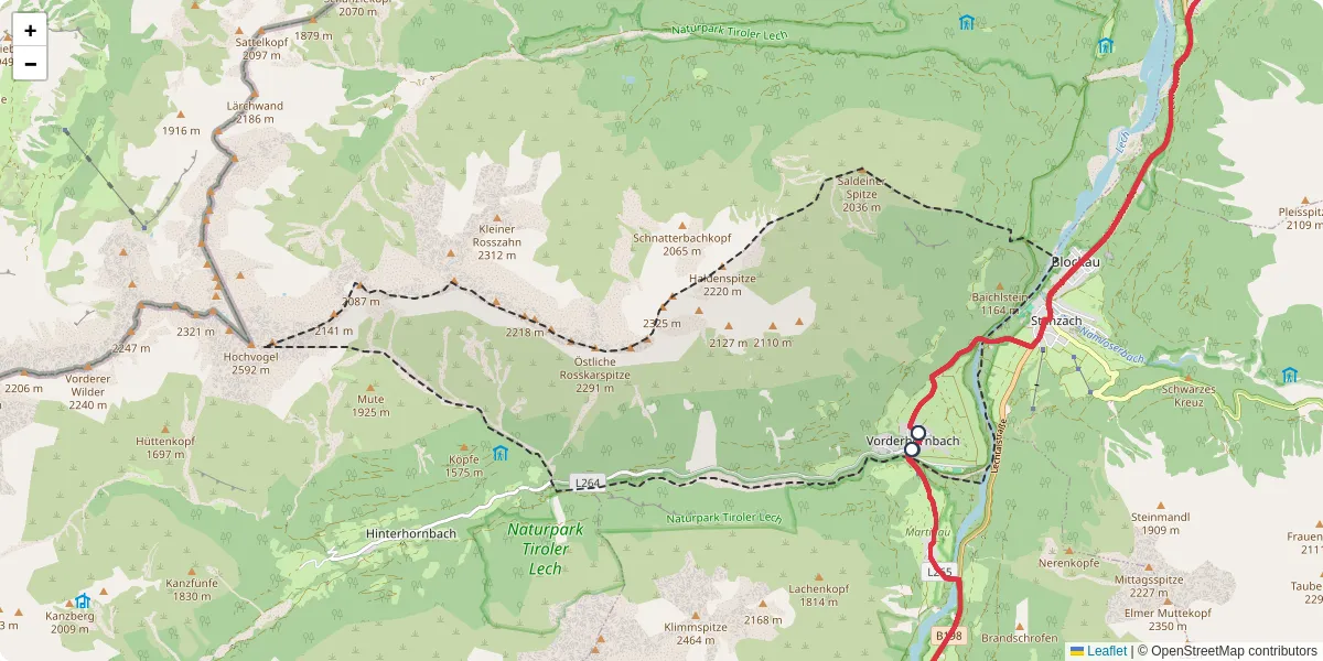 Nahverkehrsnetz in vorderhornbach, Österreich - Buslinien, Haltestellen und Verbindungen auf der Karte