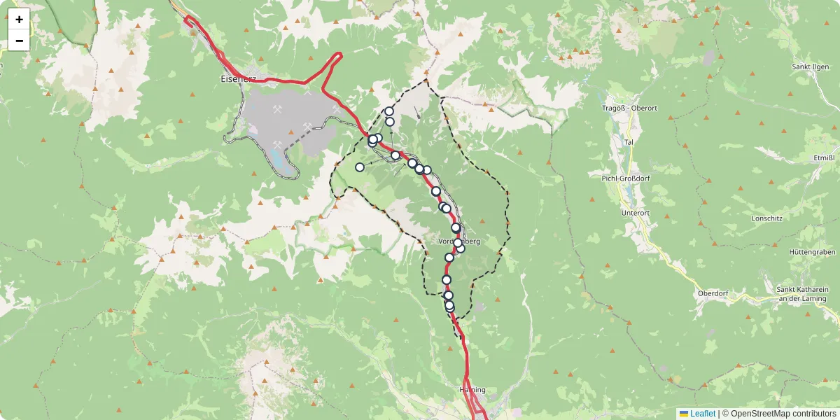 Nahverkehrsnetz in vordernberg, Österreich - Buslinien, Haltestellen und Verbindungen auf der Karte