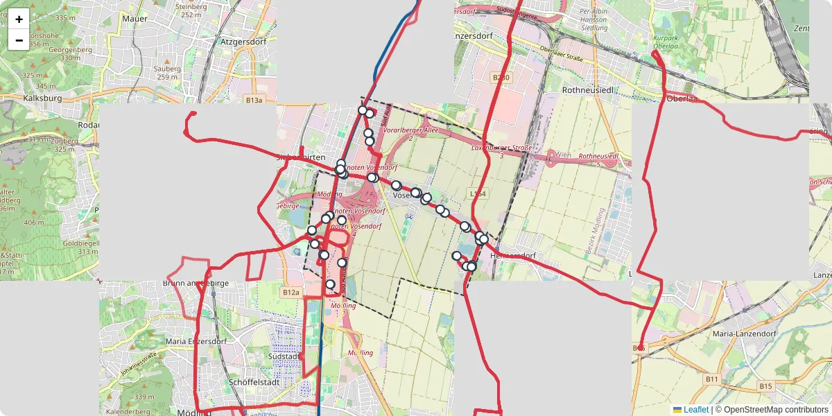 Nahverkehrsnetz in vosendorf, Österreich - Buslinien, Haltestellen und Verbindungen auf der Karte