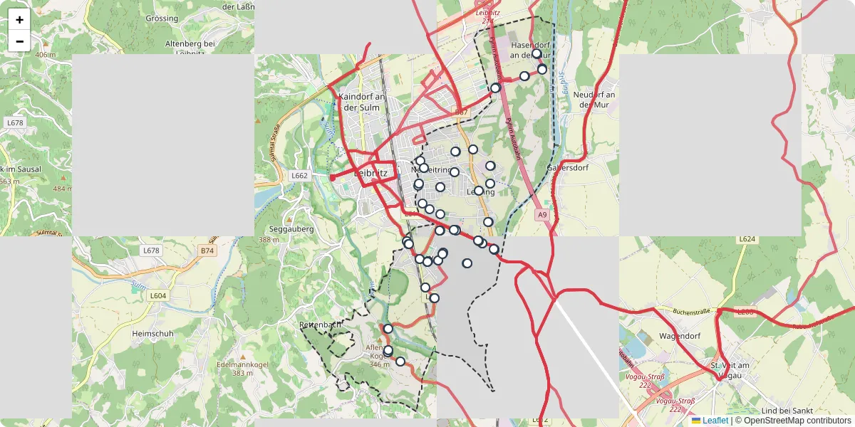 Nahverkehrsnetz in wagna, Österreich - Buslinien, Haltestellen und Verbindungen auf der Karte