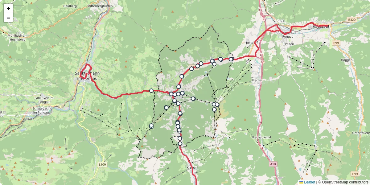 Nahverkehrsnetz in wagrain, Österreich - Buslinien, Haltestellen und Verbindungen auf der Karte