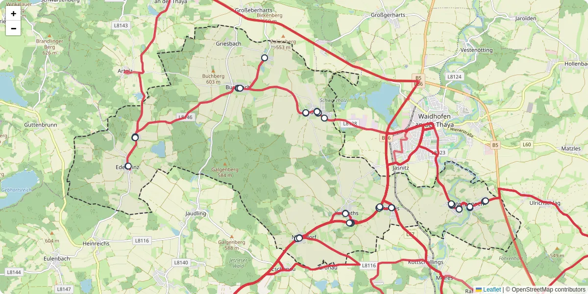 Nahverkehrsnetz in waidhofen-an-der-thaya-land, Österreich - Buslinien, Haltestellen und Verbindungen auf der Karte