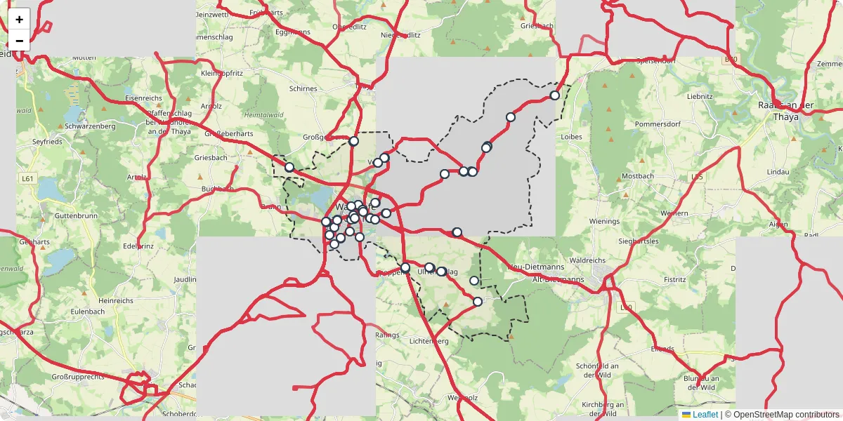 Nahverkehrsnetz in waidhofen-an-der-thaya, Österreich - Buslinien, Haltestellen und Verbindungen auf der Karte
