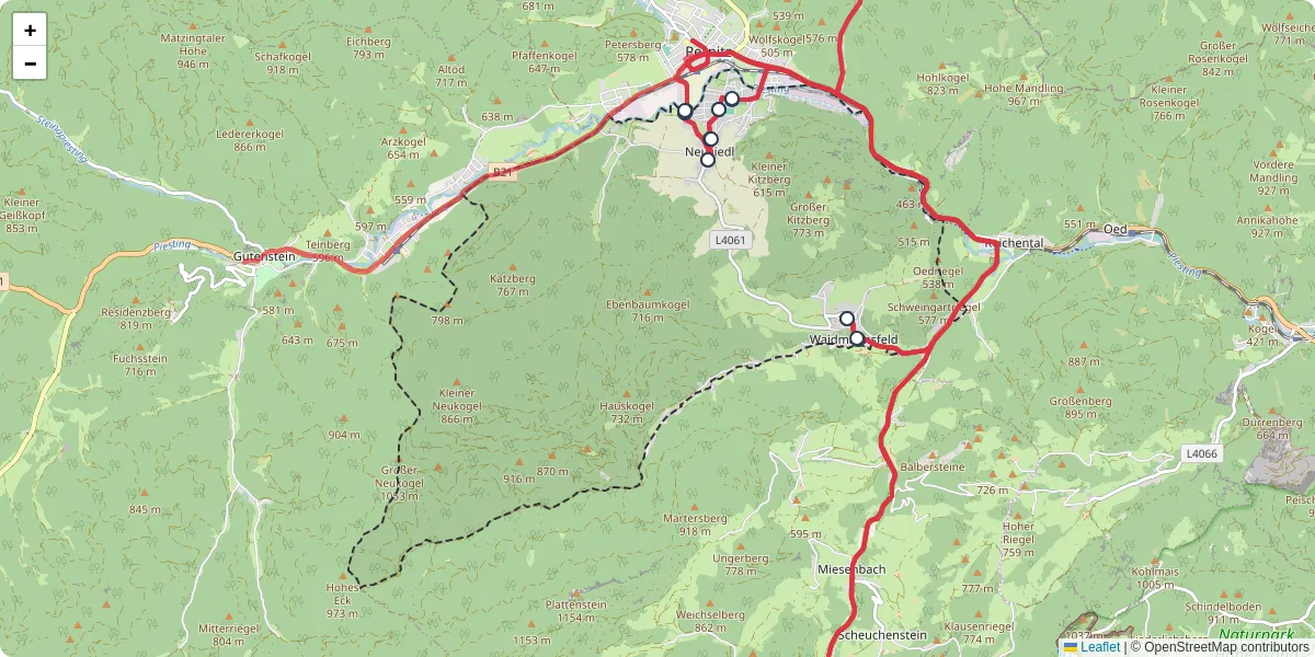 Nahverkehrsnetz in waidmannsfeld, Österreich - Buslinien, Haltestellen und Verbindungen auf der Karte