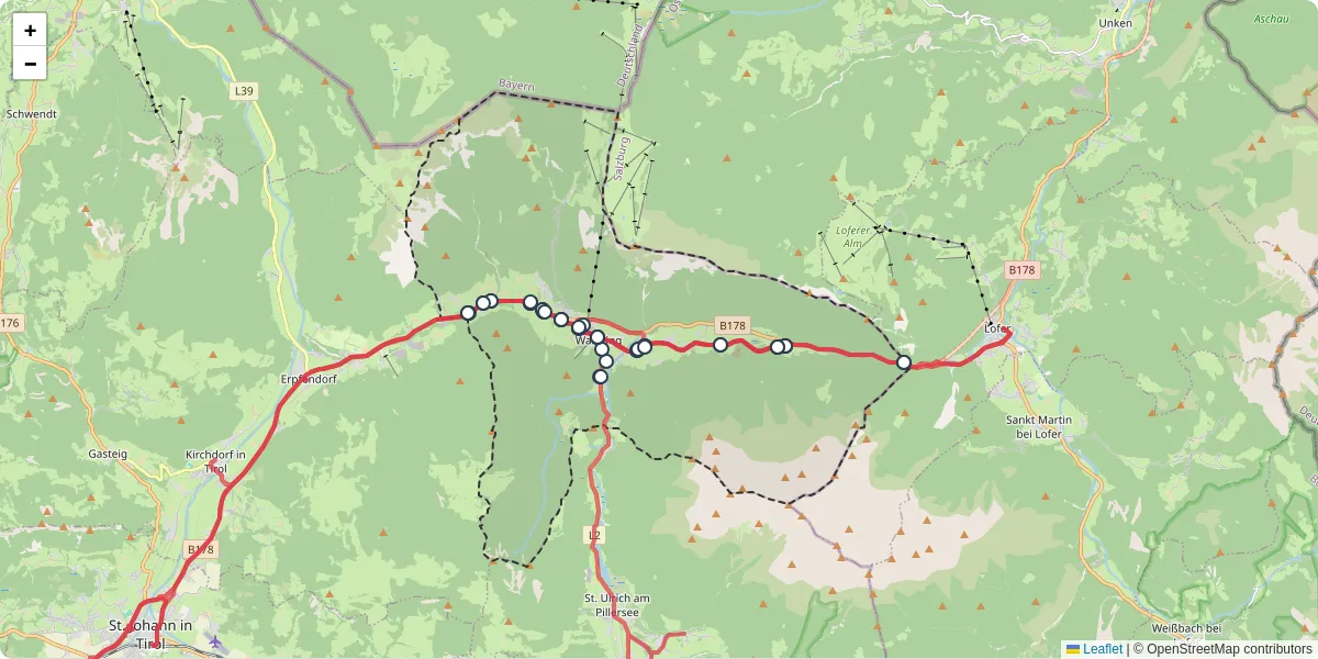 Nahverkehrsnetz in waidring, Österreich - Buslinien, Haltestellen und Verbindungen auf der Karte