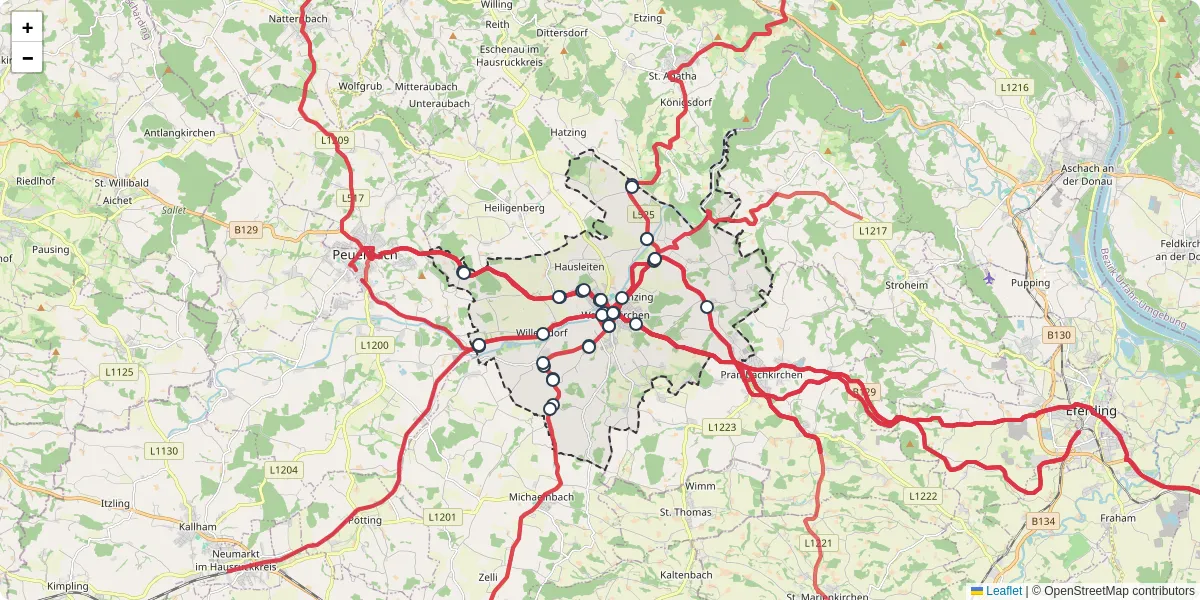 Nahverkehrsnetz in waizenkirchen, Österreich - Buslinien, Haltestellen und Verbindungen auf der Karte