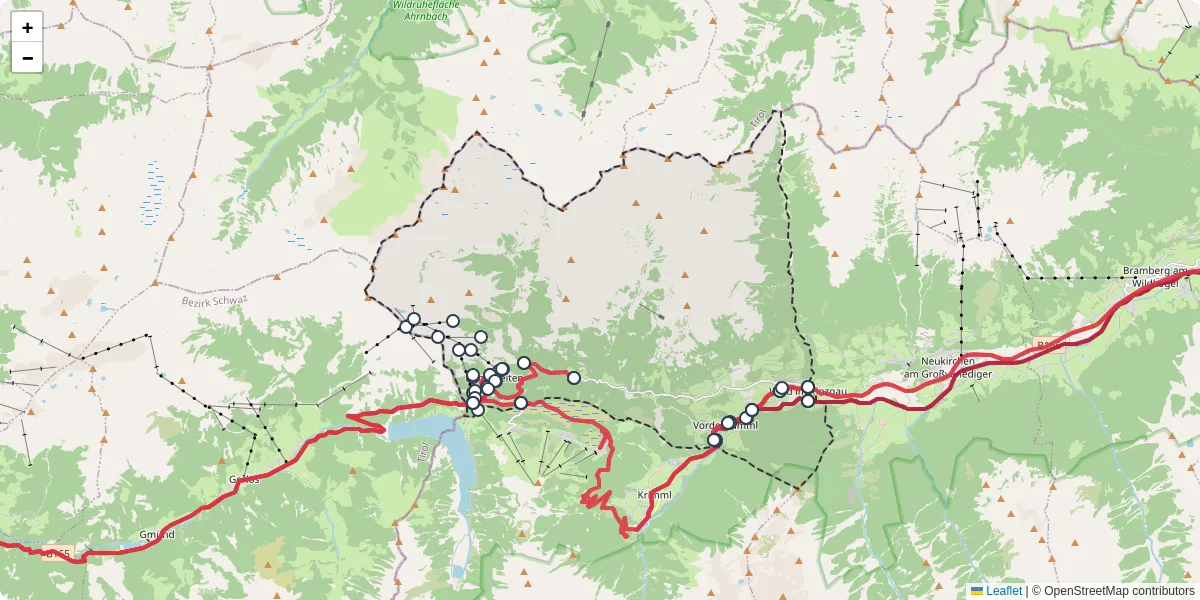 Nahverkehrsnetz in wald-im-pinzgau, Österreich - Buslinien, Haltestellen und Verbindungen auf der Karte