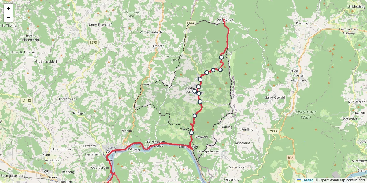 Nahverkehrsnetz in waldhausen-im-strudengau, Österreich - Buslinien, Haltestellen und Verbindungen auf der Karte