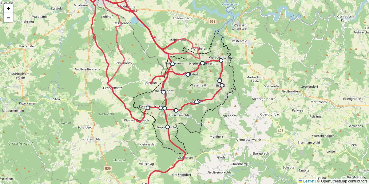 Nahverkehrsnetz in waldhausen, Österreich - Buslinien, Haltestellen und Verbindungen auf der Karte