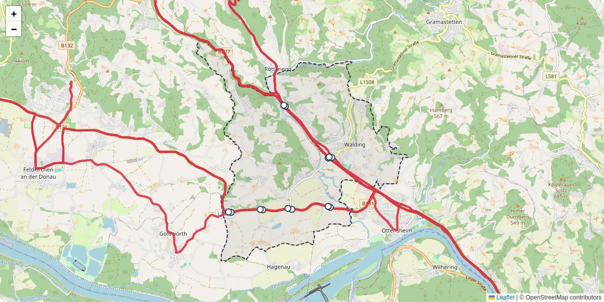 Nahverkehrsnetz in walding, Österreich - Buslinien, Haltestellen und Verbindungen auf der Karte