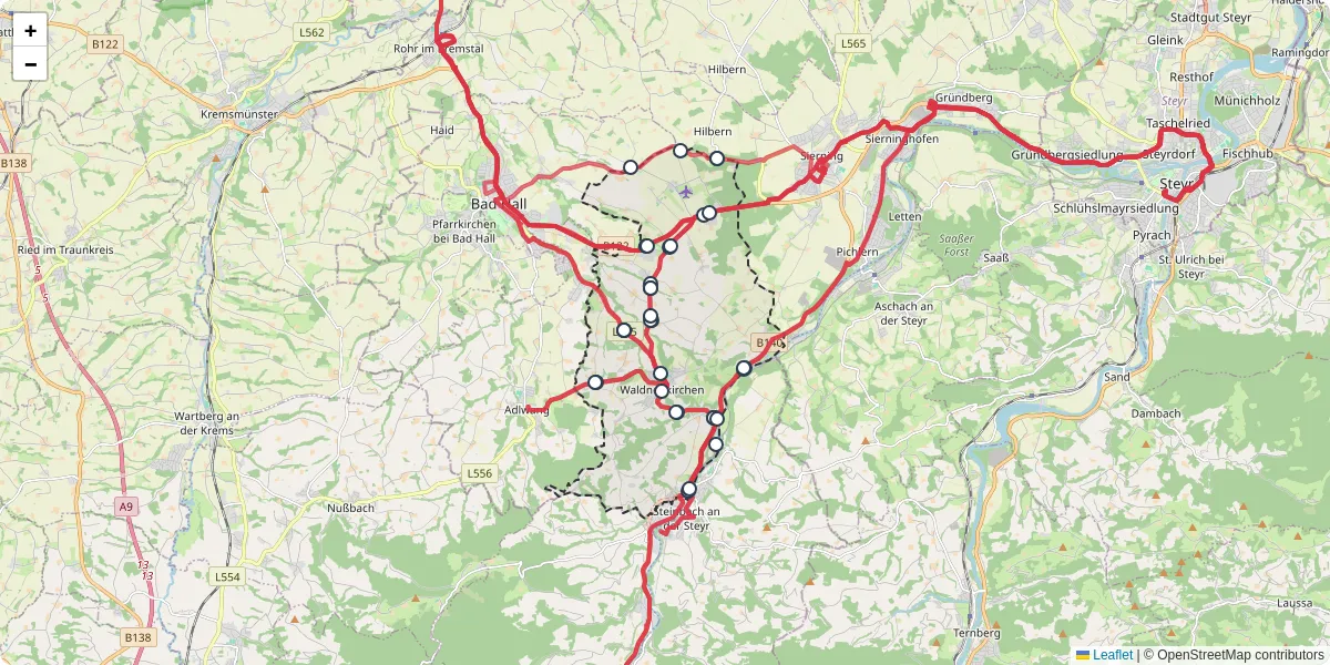Nahverkehrsnetz in waldneukirchen, Österreich - Buslinien, Haltestellen und Verbindungen auf der Karte