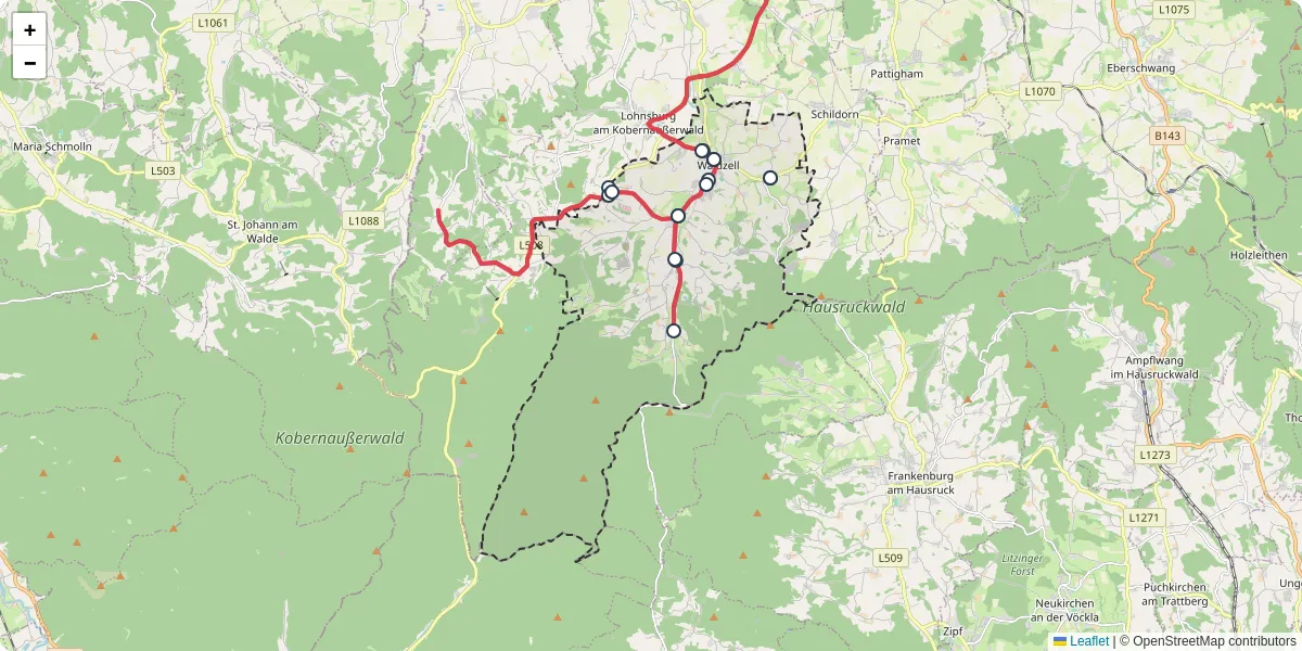 Nahverkehrsnetz in waldzell, Österreich - Buslinien, Haltestellen und Verbindungen auf der Karte