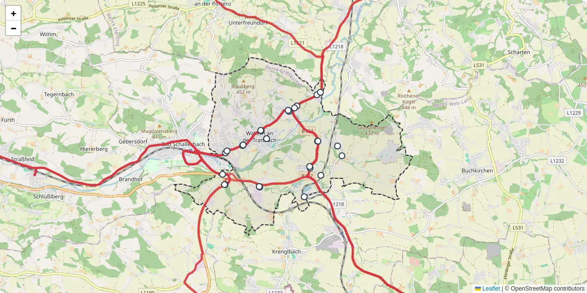 Nahverkehrsnetz in wallern-an-der-trattnach, Österreich - Buslinien, Haltestellen und Verbindungen auf der Karte