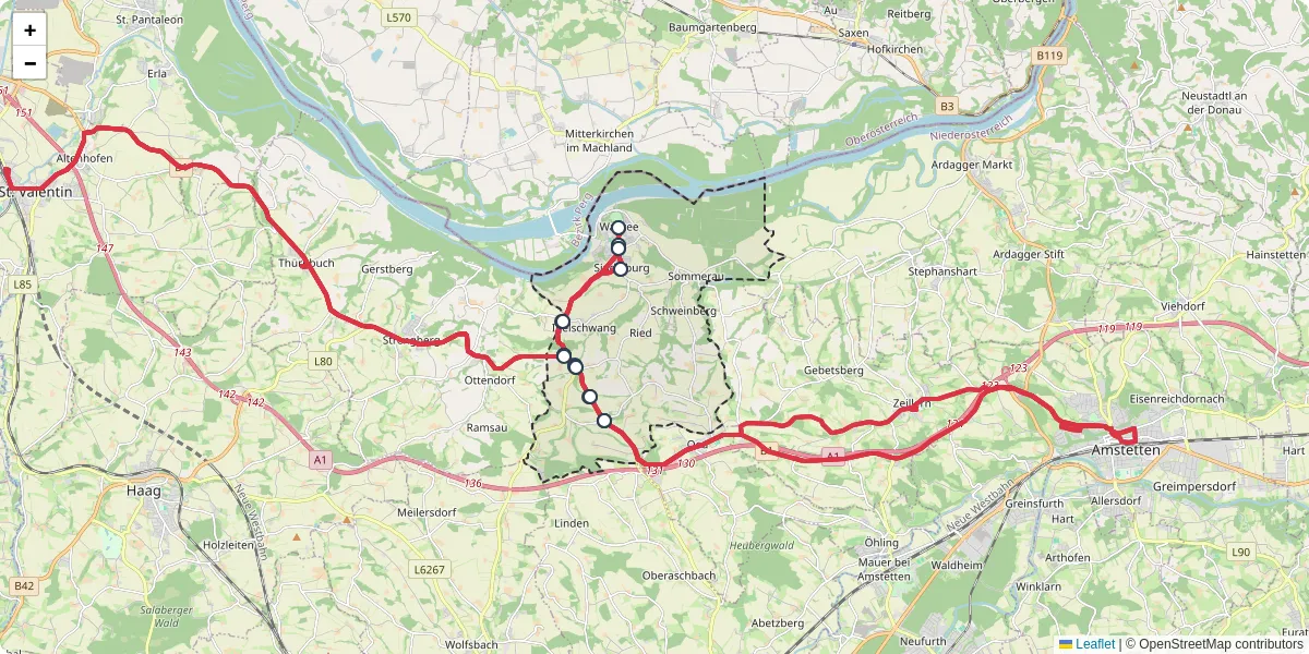 Nahverkehrsnetz in wallsee-sindelburg, Österreich - Buslinien, Haltestellen und Verbindungen auf der Karte