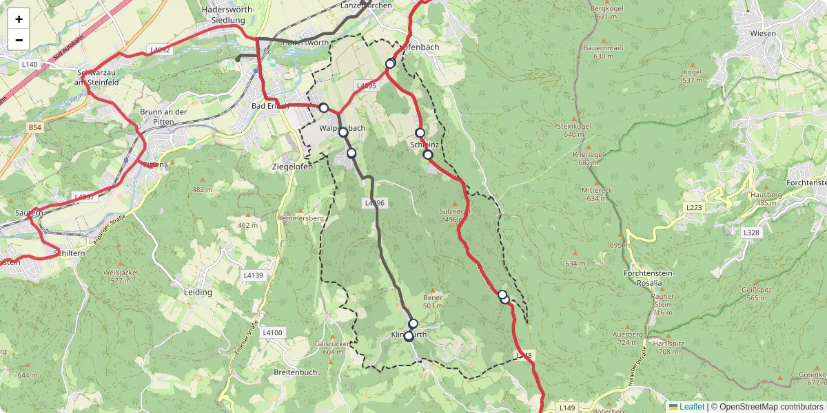 Nahverkehrsnetz in walpersbach, Österreich - Buslinien, Haltestellen und Verbindungen auf der Karte