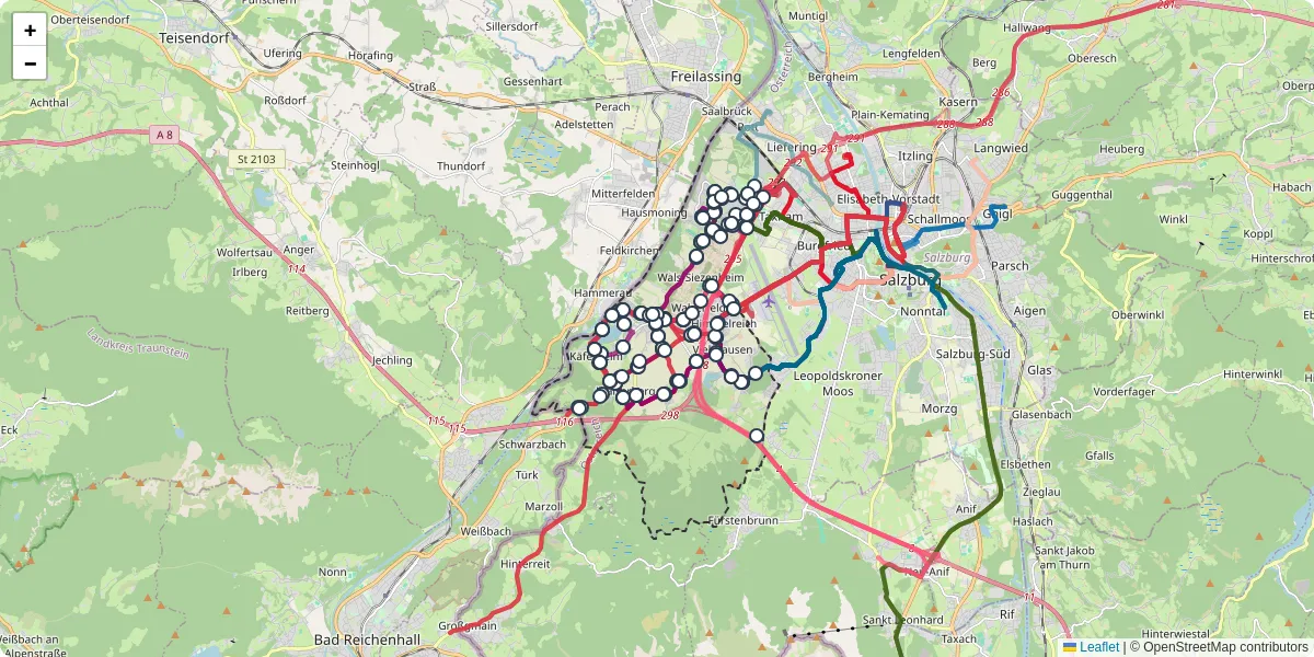 Nahverkehrsnetz in wals-siezenheim, Österreich - Buslinien, Haltestellen und Verbindungen auf der Karte