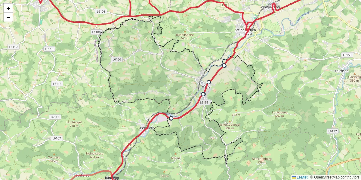 Nahverkehrsnetz in wang, Österreich - Buslinien, Haltestellen und Verbindungen auf der Karte