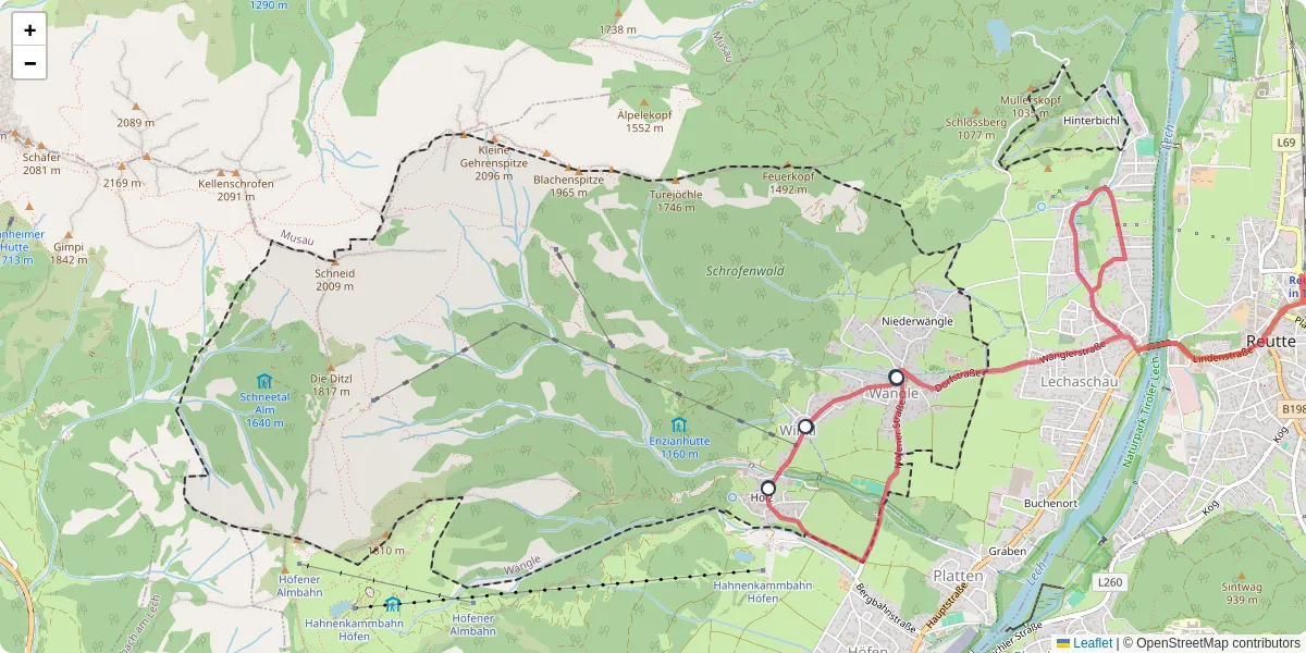 Nahverkehrsnetz in wangle, Österreich - Buslinien, Haltestellen und Verbindungen auf der Karte