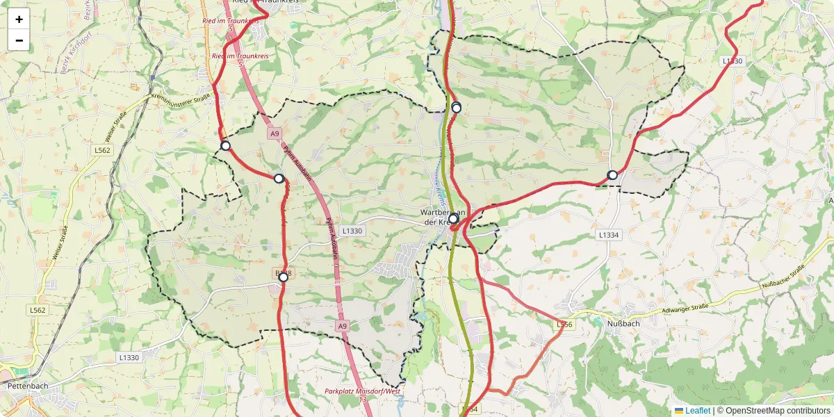 Nahverkehrsnetz in wartberg-an-der-krems, Österreich - Buslinien, Haltestellen und Verbindungen auf der Karte