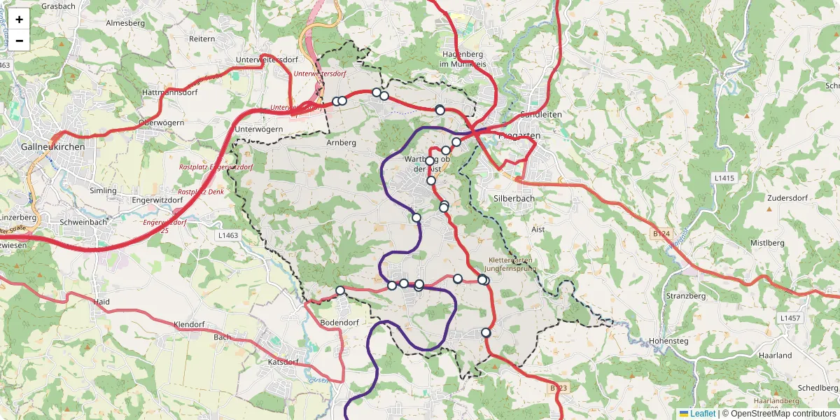 Nahverkehrsnetz in wartberg-ob-der-aist, Österreich - Buslinien, Haltestellen und Verbindungen auf der Karte