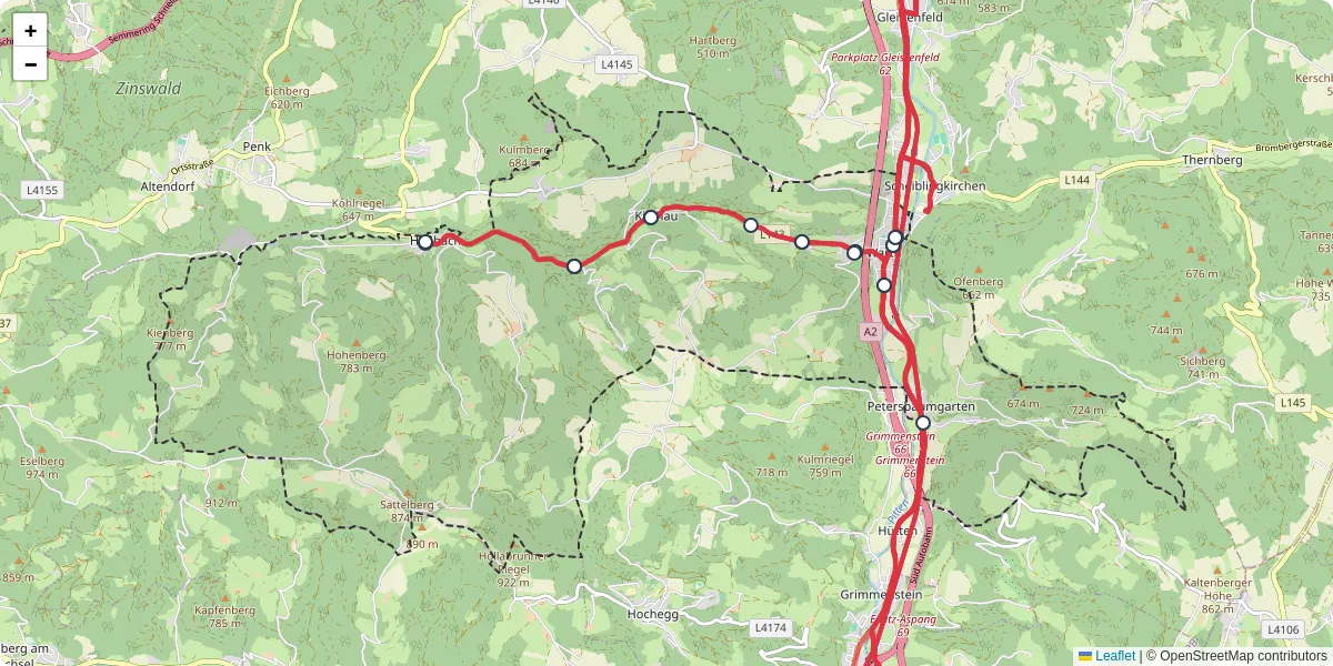 Nahverkehrsnetz in warth-1, Österreich - Buslinien, Haltestellen und Verbindungen auf der Karte