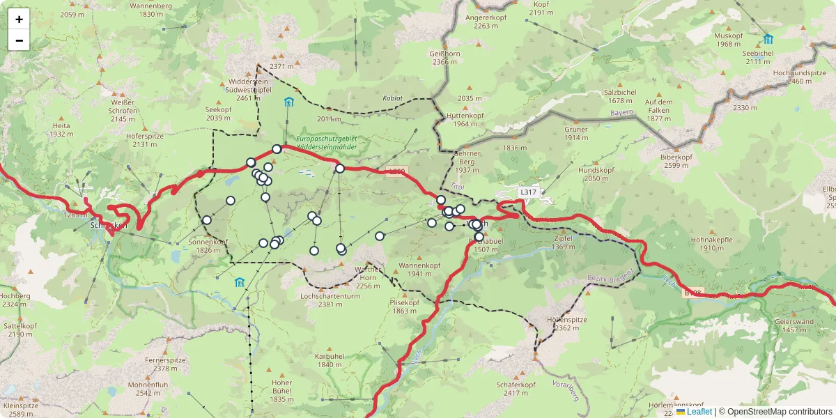 Nahverkehrsnetz in warth, Österreich - Buslinien, Haltestellen und Verbindungen auf der Karte