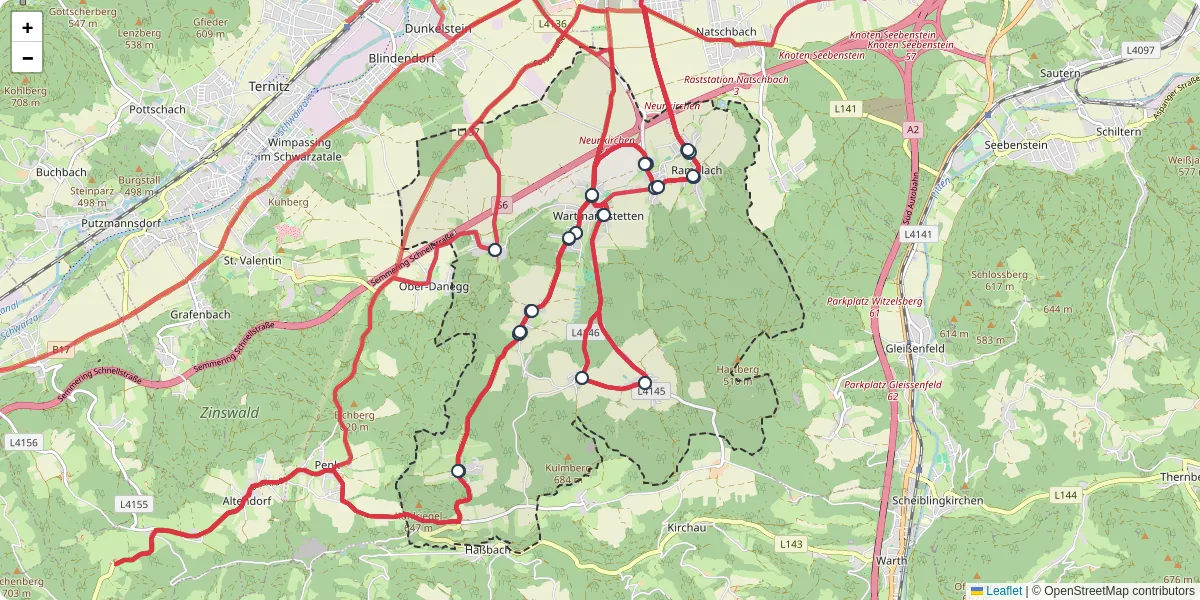 Nahverkehrsnetz in wartmannstetten, Österreich - Buslinien, Haltestellen und Verbindungen auf der Karte