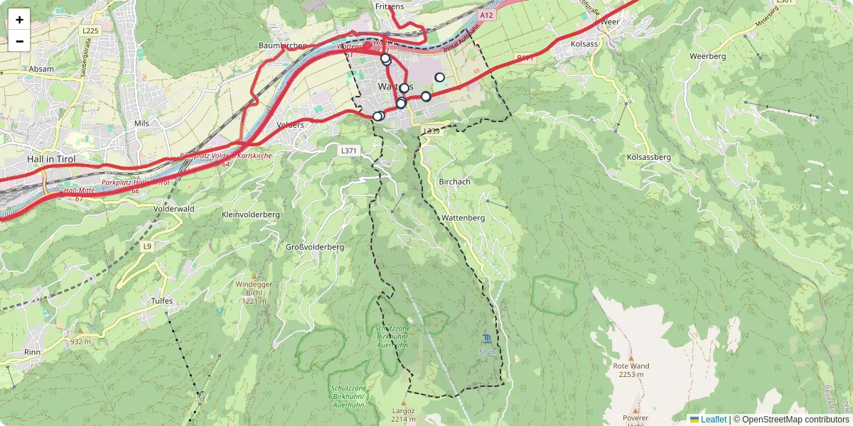 Nahverkehrsnetz in wattens, Österreich - Buslinien, Haltestellen und Verbindungen auf der Karte