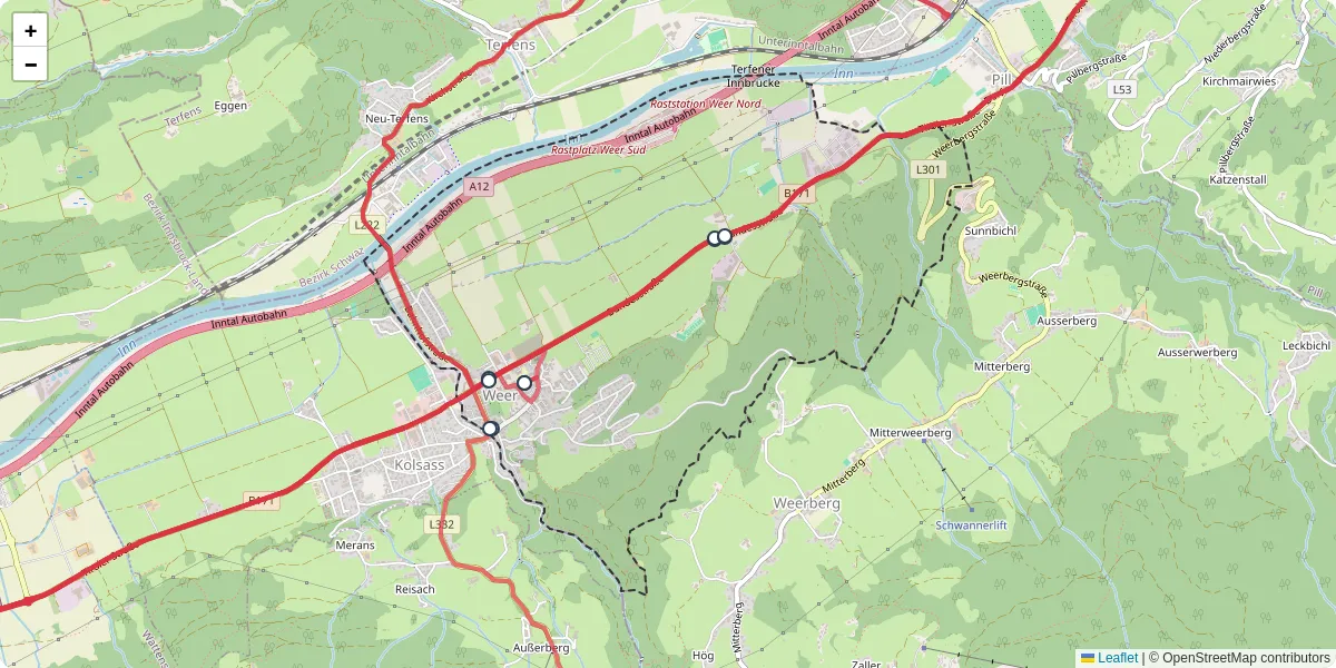 Nahverkehrsnetz in weer, Österreich - Buslinien, Haltestellen und Verbindungen auf der Karte