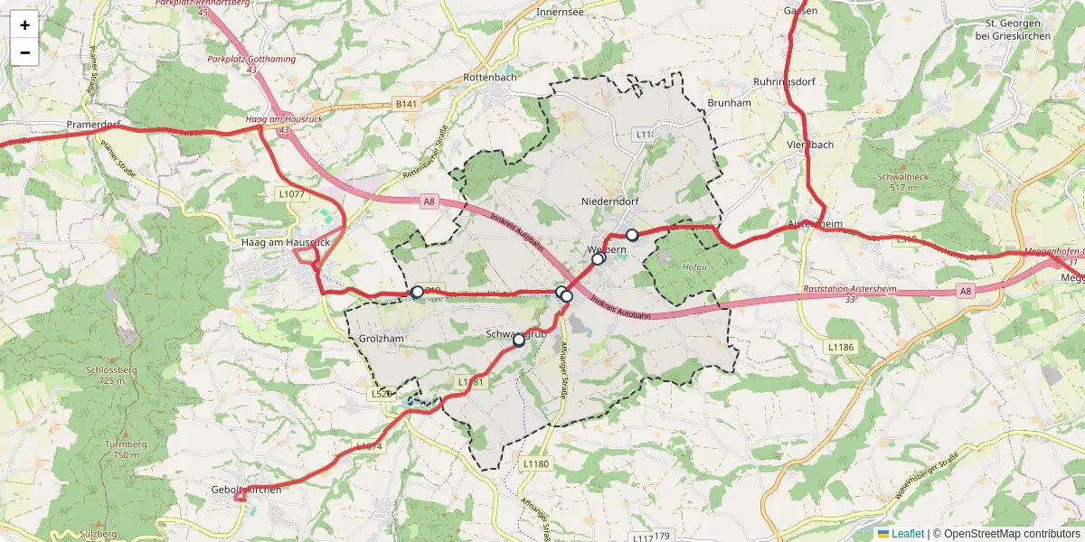 Nahverkehrsnetz in weibern, Österreich - Buslinien, Haltestellen und Verbindungen auf der Karte