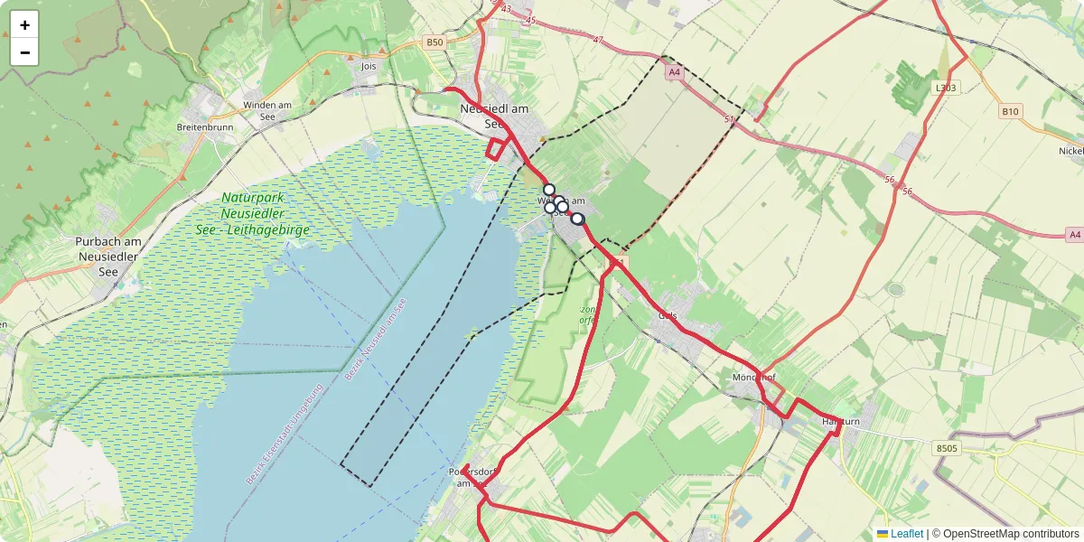 Nahverkehrsnetz in weiden-am-see, Österreich - Buslinien, Haltestellen und Verbindungen auf der Karte