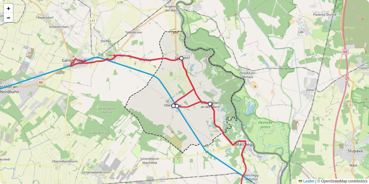 Nahverkehrsnetz in weiden-an-der-march, Österreich - Buslinien, Haltestellen und Verbindungen auf der Karte