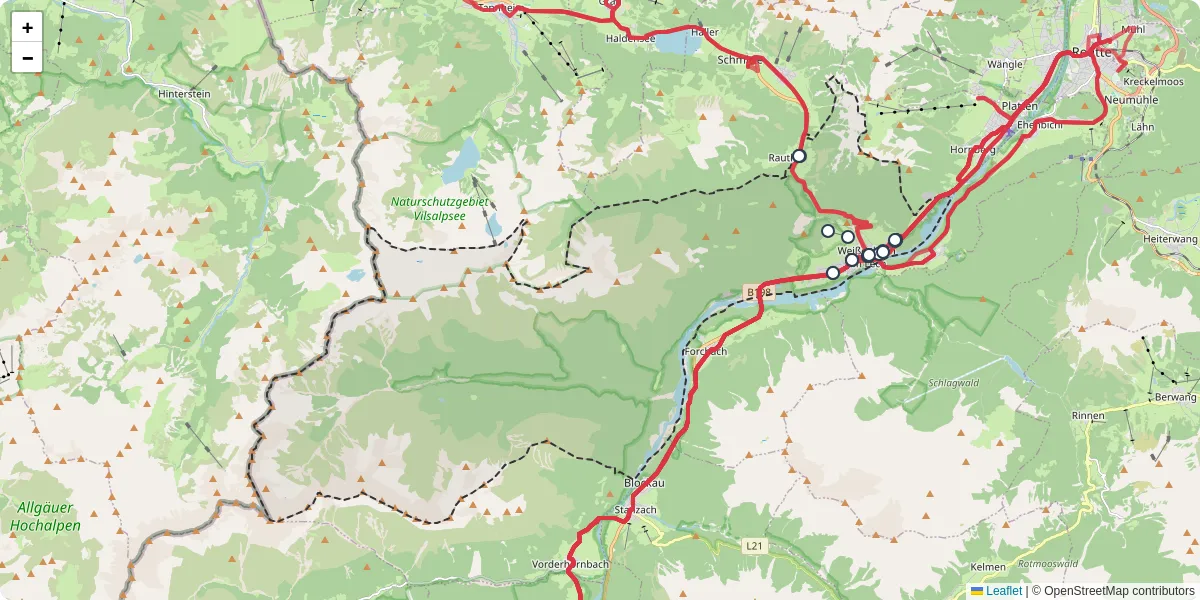 Nahverkehrsnetz in weienbach-am-lech, Österreich - Buslinien, Haltestellen und Verbindungen auf der Karte