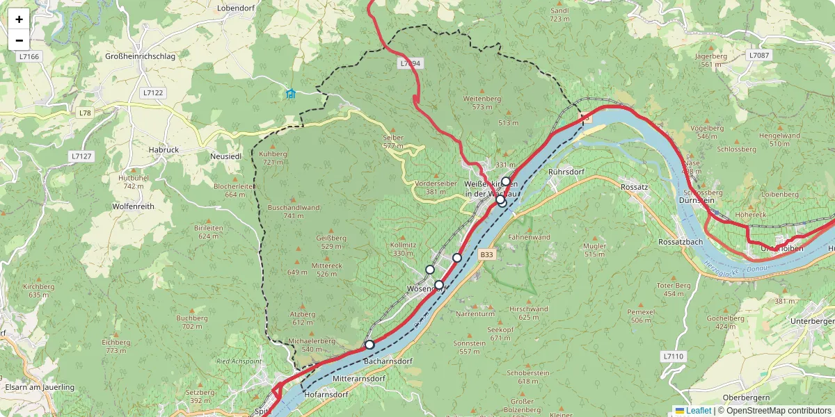 Nahverkehrsnetz in weienkirchen-in-der-wachau, Österreich - Buslinien, Haltestellen und Verbindungen auf der Karte