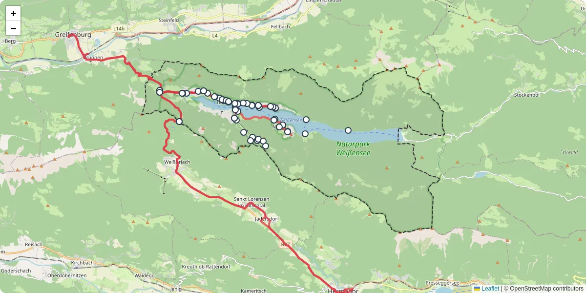 Nahverkehrsnetz in weiensee, Österreich - Buslinien, Haltestellen und Verbindungen auf der Karte