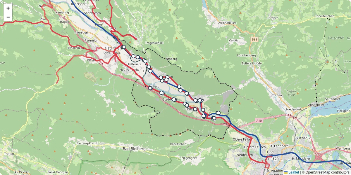 Nahverkehrsnetz in weienstein, Österreich - Buslinien, Haltestellen und Verbindungen auf der Karte