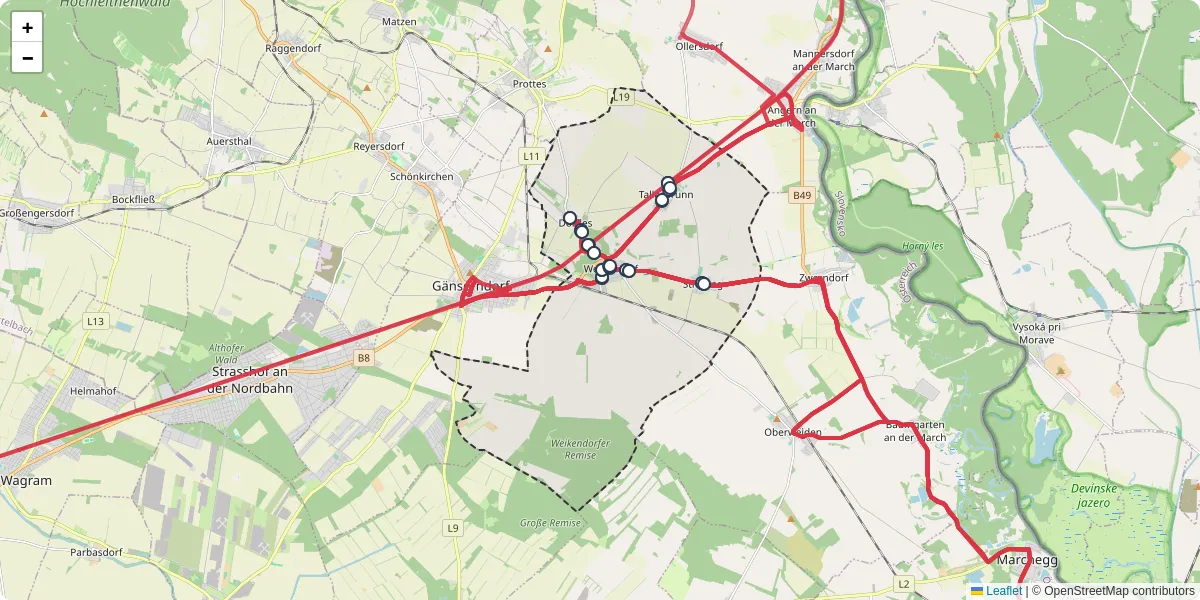 Nahverkehrsnetz in weikendorf, Österreich - Buslinien, Haltestellen und Verbindungen auf der Karte