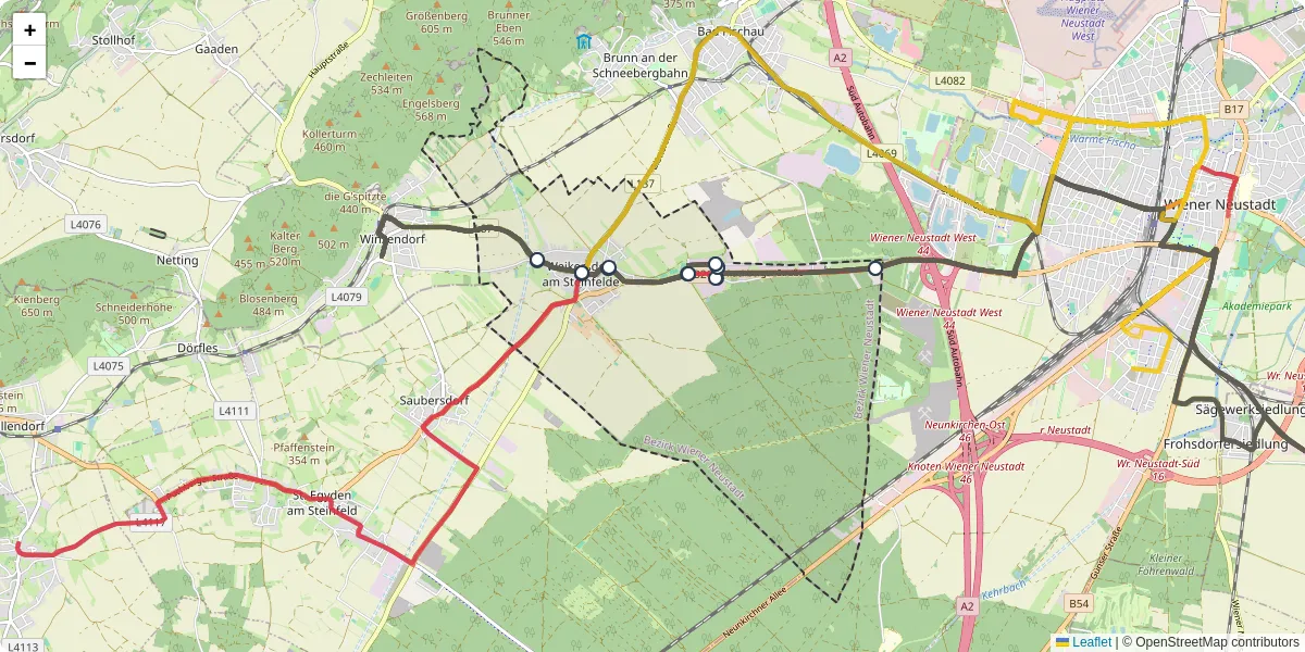 Nahverkehrsnetz in weikersdorf-am-steinfelde, Österreich - Buslinien, Haltestellen und Verbindungen auf der Karte