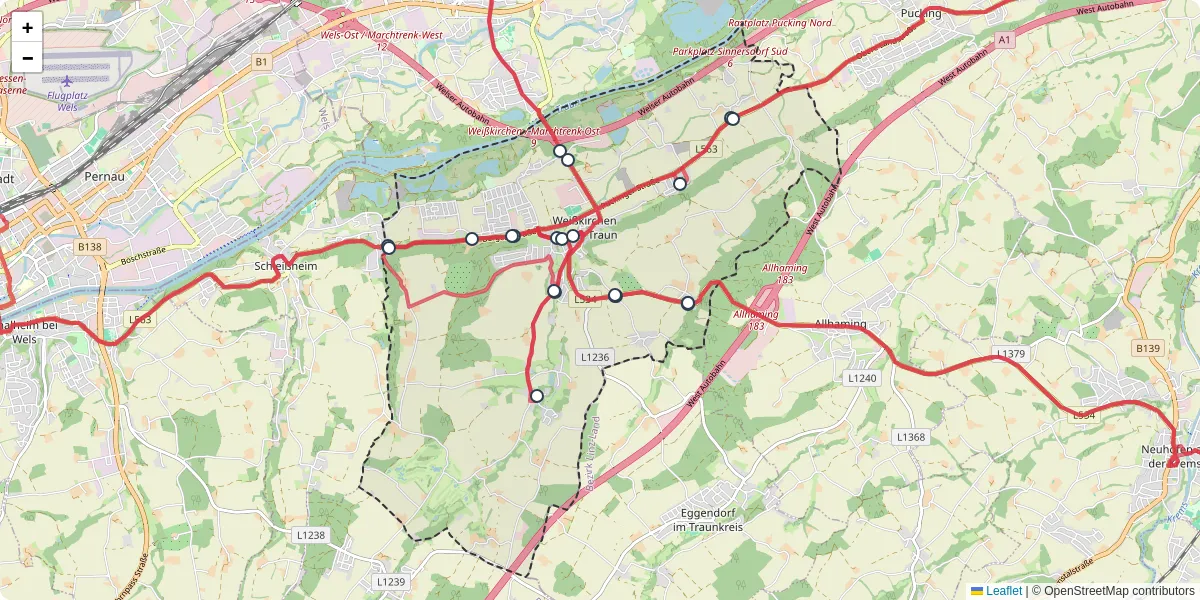 Nahverkehrsnetz in weikirchen-an-der-traun, Österreich - Buslinien, Haltestellen und Verbindungen auf der Karte