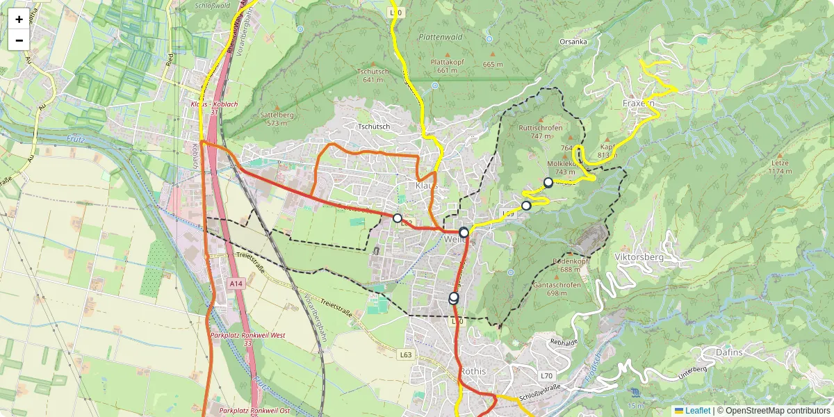 Nahverkehrsnetz in weiler, Österreich - Buslinien, Haltestellen und Verbindungen auf der Karte