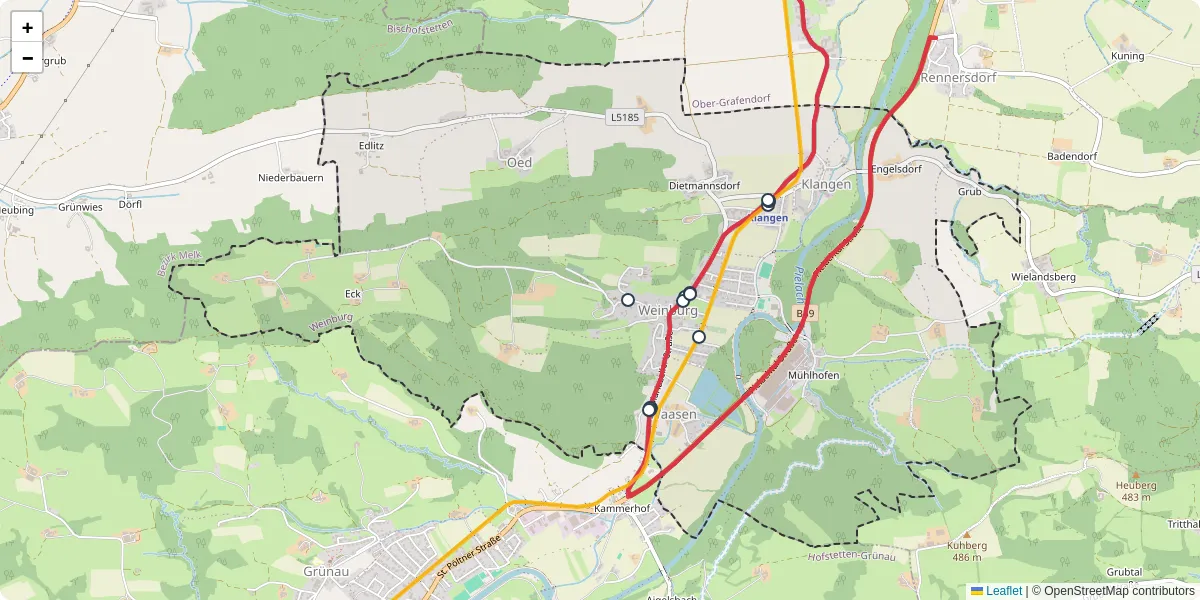 Nahverkehrsnetz in weinburg, Österreich - Buslinien, Haltestellen und Verbindungen auf der Karte