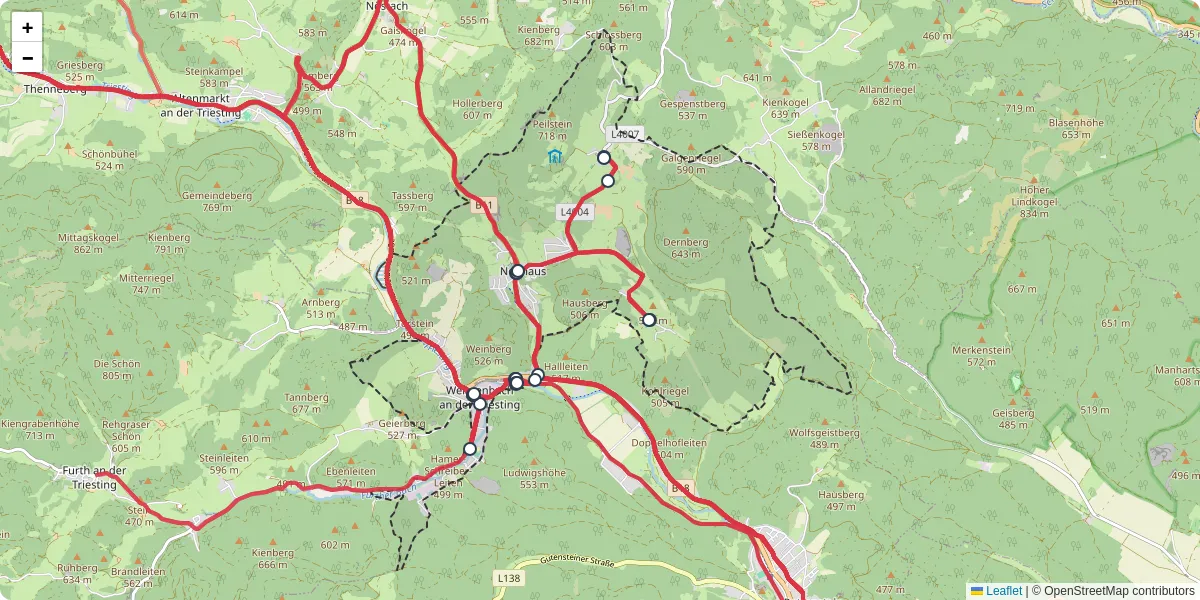 Nahverkehrsnetz in weissenbach-an-der-triesting, Österreich - Buslinien, Haltestellen und Verbindungen auf der Karte