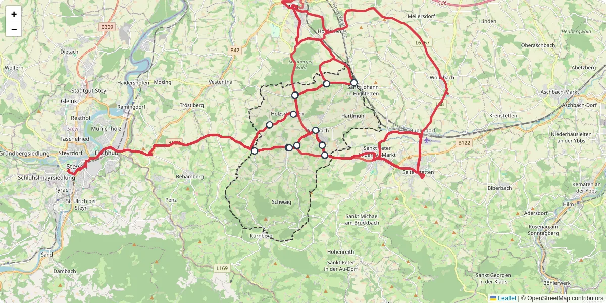 Nahverkehrsnetz in weistrach, Österreich - Buslinien, Haltestellen und Verbindungen auf der Karte