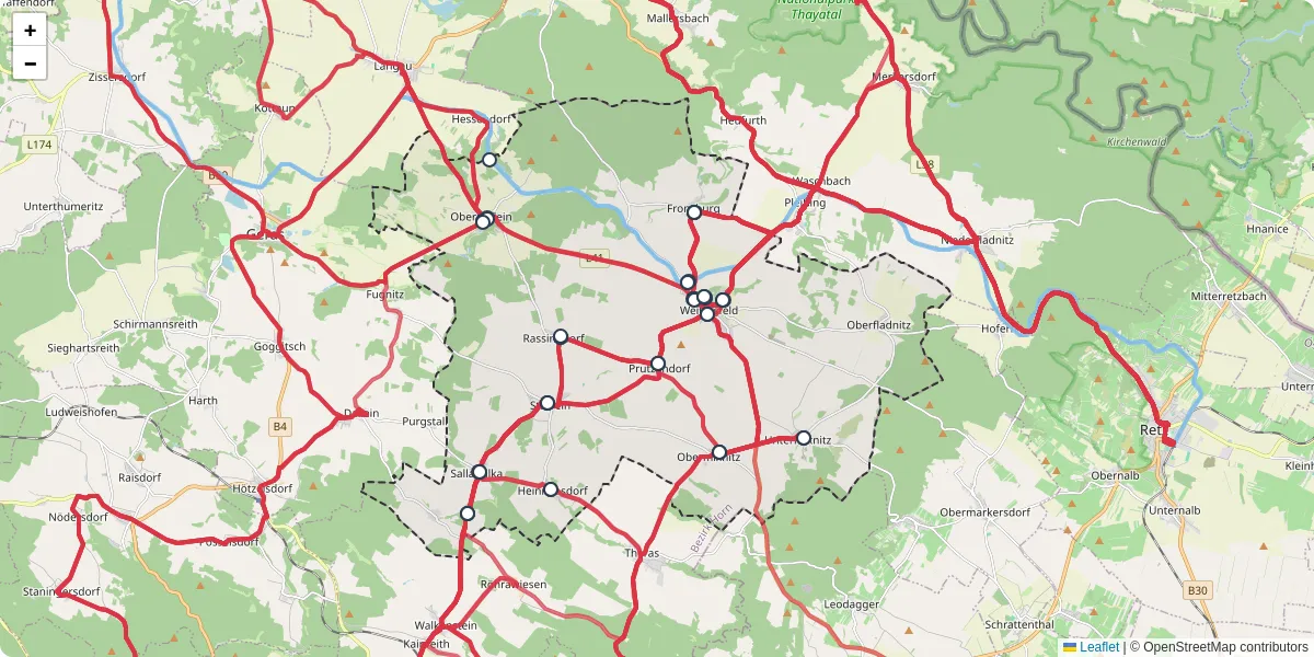 Nahverkehrsnetz in weitersfeld, Österreich - Buslinien, Haltestellen und Verbindungen auf der Karte