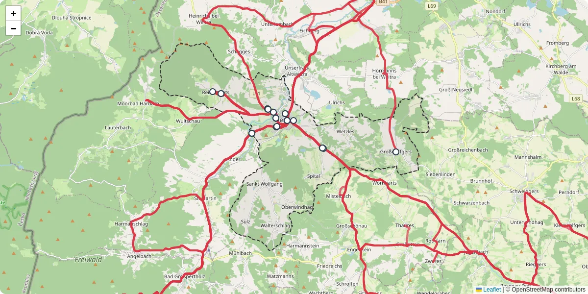 Nahverkehrsnetz in weitra, Österreich - Buslinien, Haltestellen und Verbindungen auf der Karte