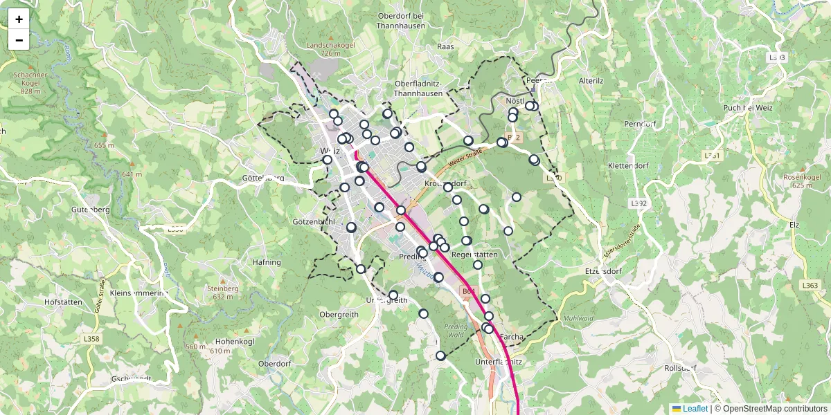 Nahverkehrsnetz in weiz, Österreich - Buslinien, Haltestellen und Verbindungen auf der Karte